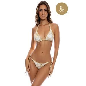 Luli Fama Gold Lace Bikini Set Top DD Bottom Medium Triangle Halter Swimwear